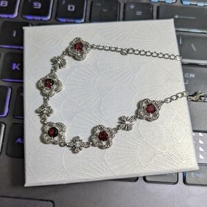 Elegant Silver and Red Floral Bracelet